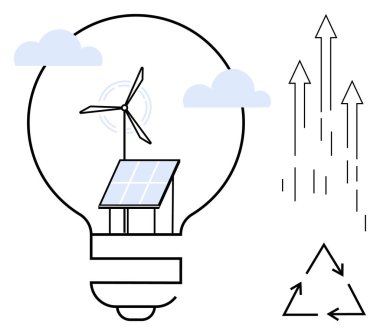 Güneş paneli ve rüzgar türbininin çerçevelenmesi, ilerlemeyi sembolize eden oklar ve geri dönüşüm işareti. Sürdürülebilirlik, enerji yeniliği, ilerleme, çevre dostu çözümler, yeşil teknoloji için ideal