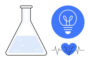 Mavi daire içinde parlayan bir ampul, nabız çizgisi olan bir kalp. Bilim, sağlık, yenilik, sürdürülebilirlik, tıbbi araştırma, eğitim için ideal basit iniş sayfası