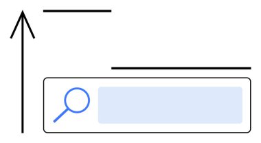 Arama çubuğunda büyüteç, yukarı doğru dikey ok. Navigasyon, keşif, ilerleme, teknoloji, arama optimizasyonu, kullanıcı arayüzü, basit iniş sayfası için ideal