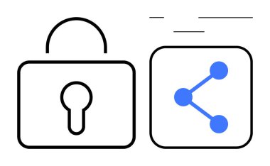 Asma kilit ve paylaşım simgesi güvenli paylaşım, şifreleme ve çevrimiçi gizliliği simgeler. Siber güvenlik, dijital araçlar, veri güvenliği, bilgi paylaşımı, uygulama tasarımı, web arayüzü sade iniş sayfası için ideal
