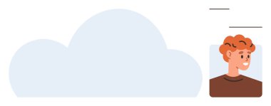 Gülümseyen profil resminin yanındaki büyük bulut şekli dijital depolamayı, bağlantıyı ve kullanıcı profilini temsil ediyor. Çevrimiçi hizmetler, veri erişimi, sosyal medya, gizlilik, teknoloji, yenilik için ideal basit