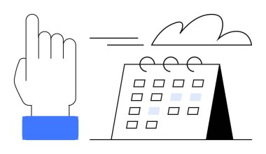 Masa başı takvimine yakın el hareketi, gösterişli tasarım, dört açık mavi gün altı çizili. Yukarıdaki bulut zamanın akıp gittiğini gösteriyor. Planlama, organizasyon, zaman yönetimi, süreler, atamalar için ideal