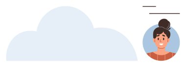 Gülümseyen bir kadın avatarı olan büyük bir soyut bulut, veri alışverişini öneren metinler. Teknoloji, bulut depolama, iletişim, kullanıcı arayüzü, ağ oluşturma, çevrimiçi kimlik, basit