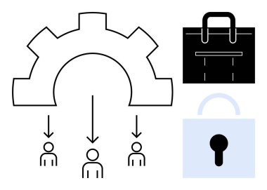 Ekibe oklarla fikir aktarımı, işi sembolize eden evrak çantası ve güvenlik için asma kilit. Takım çalışması, iş akışı, siber güvenlik, iş planlaması, üretkenlik, bilgi