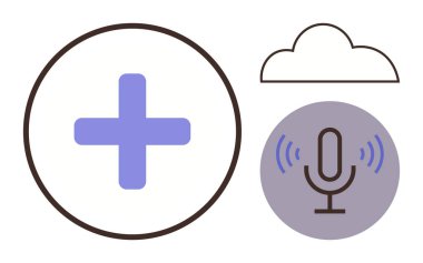 Daire içinde mavi tıbbi haç, ses dalgası mikrofon ve sağlık, teknoloji ve iletişimi sembolize eden bulut. Bulut hizmetleri, sağlık hizmetleri, yenilikçi teknoloji, ses arama veri depolama yapay zekası için ideal