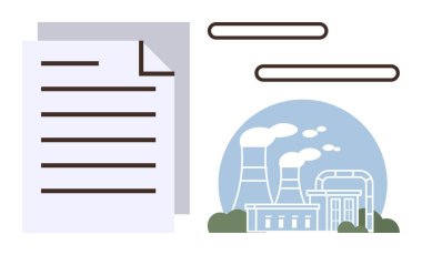 Baca yayan bir sanayi fabrikasının yanında kağıt belgeler. Çevre düzenlemeleri, sanayi belgeleri, sürdürülebilirlik, kurumsal uyum, veri raporlama, kirlilik için ideal