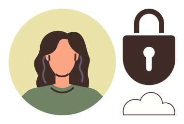 Kilit ve bulutun yanında siyah saçlı bir kadın figürü. Mahremiyeti, bulut deposunu, siber güvenliği ve güvenli iletişimi simgeliyor. Teknoloji, güvenlik, çevrimiçi koruma ve kullanıcı verileri için ideal