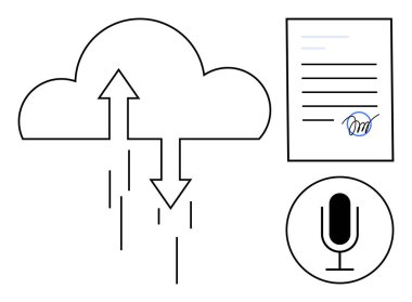 Okları yükleyen bulut, imzalı belge ve mikrofon. Veri yönetimi, belge depolama, dijital imza, iletişim, kayıt, iş akışı basit iniş sayfası için ideal