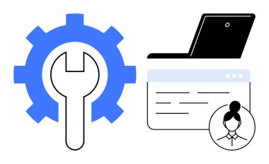 İngiliz anahtarını sembolize eden araçlara sahip büyük dişli, bir dizüstü bilgisayara, kullanıcı profiline ve web sayfasına bağlı. Teknoloji, optimizasyon, onarım, yazılım takım çalışması arayüzü kullanıcı merkezli tasarım için ideal. Basit düz