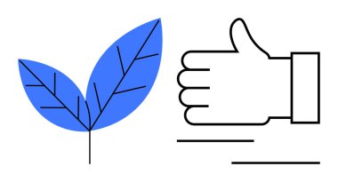 Mavi yaprak doğayı ve büyümeyi sembolize ediyor. Onaylama, kalite ve pozitifliği temsil eden olumlu bir jestin yanında. Sürdürülebilirlik, ekoloji, çevre, büyüme, sağlık ve onay için ideal