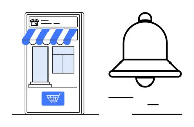 Dükkan güneşliği ve alışveriş arabası düğmesi olan dijital mağaza önü. Çalan bir uyarı zilinin yanında. E-ticaret, çevrimiçi alışveriş, perakende güncellemeleri, tebligatlar, promosyonlar, müşteri ilişkileri için ideal
