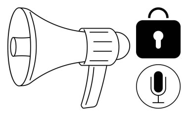Megafon sembolü, asma kilit simgesi ve mikrofon grafiği gizlilik, iletişim ve güvenliği işaret ediyor. Pazarlama, siber güvenlik, ses araçları, yayıncılık uygulamaları için idealdir.