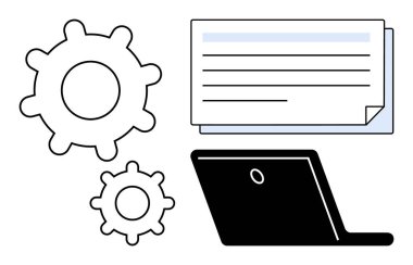 İki vitesli dizüstü bilgisayar ve istiflenmiş belgeler iş akışını, otomasyonu, verimliliği ve işlem optimizasyonunu temsil ediyor. İş, teknoloji, takım çalışması, verimlilik, sistem ve görev için ideal