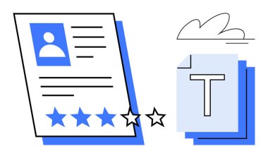 Avatarlı profil belgesi ve dizilmiş metin dosyalarının yanında beş yıldızlı derecelendirme. Değerlendirmeler, kullanıcı profilleri, içerik değerlendirmesi, dosya yönetimi, dijital platformlar, iş analizleri, basit