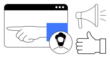 Tarayıcı penceresi, el feneri, megafon, baş parmak ve şahıs. Pazarlama, geri bildirim, markalaşma, iletişim, tanıtım kullanıcısı deneyimi için ideal basit bir iniş sayfası