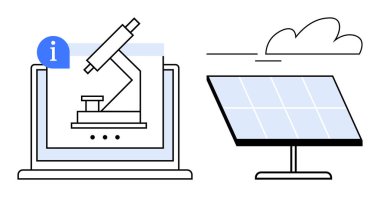 Microskop bilgi simgesi ve temiz güneş paneli ile birlikte dizüstü bilgisayarın ekranında görüntülendi. Araştırma, teknoloji, eğitim, yenilik, bilim, sürdürülebilirlik ve çevre için idealdir. Basit.