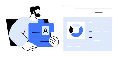 Yazılı içeriği olan belgesel esinlenilmiş bir yapboz parçasını grafik ve organize detaylarla dolu bir veri panelinin yanında tutan adam. Takım çalışması, problem çözme, iş stratejisi ve analitik için ideal