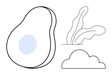 Tohumlu, soyut yapraklı ve bulut şekilli basit bir avokado çizgisi sanatı. Doğa, sağlık, tazelik, sürdürülebilirlik, organik gıda sağlığı ve basitlik temaları için idealdir. Temiz düz metafor