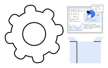 Ayarlar için vites, çizelgeler için analitik gösterge paneli, yaratıcılık için açık kutu. Süreç yönetimi, yenilik, iş stratejisi, yazılım, analitik, basit iniş sayfası beyin fırtınası için ideal