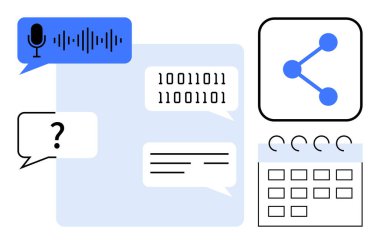 Ses konuşması, ikili mesajlar, konuşma baloncukları, paylaşım simgesi, takvim çemberleri, dijital etkileşim. Takım çalışması, bağlantı, teknoloji çözümleri planlama işbirliği için ideal AI entegrasyonu basit