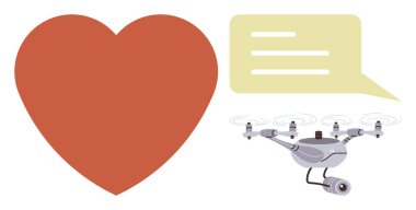 Kırmızı kalp, gözetleme aracı ve sohbet balonu. Teknoloji, duygu, gözetim, yenilik, iletişim güvenliği ve dijital etkileşim için idealdir. Basit bir düz metafor.