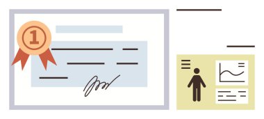 Kişisel bilgileri, analizleri ve grafikleri gösteren profil kartının yanında kurdele, imza ve metin sertifikası. Başarı, ödül, eğitim, sertifika kariyer analizleri için ideal