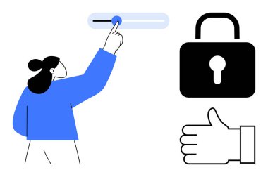 Kişi sürgülü ile etkileşime girer, asma kilit güvenliği temsil eder ve onay da onay demektir. Gizlilik, güvenlik ayarları, kullanıcı denetimi, veri koruması, kimlik denetimi, çevrimiçi güvenlik için ideal