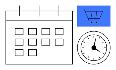 Şebeke planlı takvim, işaretli saat, alışveriş arabası simgesi. Planlama, zaman yönetimi, e-ticaret, verimlilik, perakende verimlilik için ideal. Minimalist düz metafor