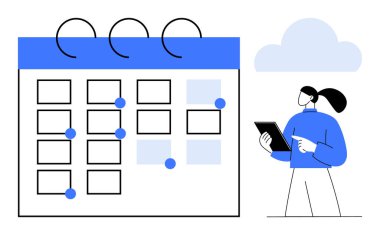 İşaretli tarihli büyük takvim, tablet tutan kişi, arka planda bulut. Program, görev yönetimi, etkinlik planlaması, verimlilik, organizasyon, teslim tarihleri için ideal basit iniş sayfası