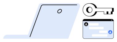 Dizüstü bilgisayar, bir güvenlik anahtarı ve profil simgesi ve girdi alanlarıyla birlikte açılır. Siber güvenlik, veri erişimi, çevrimiçi koruma, hesap güvenliği, giriş sistemleri, kullanıcı kimlikleri için ideal