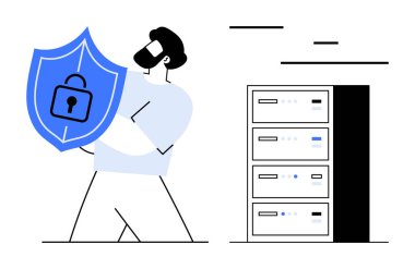 Adam mavi kalkanı sunucu raflarının yanında tutuyor. Güvenli veri depolama, çevrimiçi güvenlik ve koruma sağlıyor. Teknoloji, bilişim, siber güvenlik, güvenlik ipuçları ve güvenilir operasyonlar için ideal