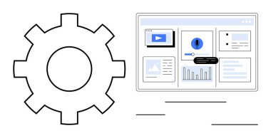 Grafikler, medya ve bildirim içeren bir web arayüzü yanında dişli simgesi ayarları, optimizasyonu, veri analizini ve UI tasarımını sembolize eder. Otomasyon, analitik, geliştirme ve yenilik için ideal