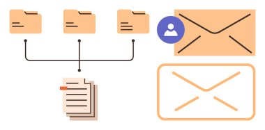 E- postalara bağlı dizinler, istiflenmiş belgeler ve veri organizasyonu, iletişim ve depolama için bir kullanıcı simgesi. Verimlilik, dosyalama, dijital organizasyon ve e-posta iletileri için ideal