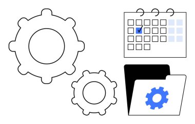Büyük ve küçük dişli, görev işaretli takvim, dişli simgesi olan klasör zamanlama, planlama, görev öncelikleri, verimlilik öneriyor. İş akışı, otomasyon ve organizasyon için ideal