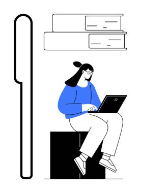 Büyük bir kalem ve istiflenmiş kitapların yanında, bir kutunun üzerinde otururken dizüstü bilgisayarda yazan bir kadın. Eğitim, verimlilik, eğitim, teknoloji, uzak çalışma, minimalizm ve odaklanma kavramları için idealdir. Temiz