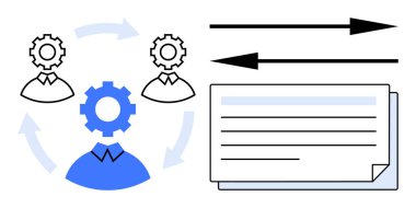 Dişlilerle bağlantılı siluetler, ekip çalışması ve otomasyon olduğunu gösteriyor. Belgeler ve oklar iş akışını, iletişimi ve veri paylaşımını simgeler. Temalar için ideal işbirliği, teknoloji, verimlilik