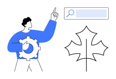 Teçhizat tutarken yukarıyı gösteren adam, yaprak üzerinde arama çubuğu. Yenilik için ideal, veri araması, sürdürülebilirlik, çevre dostu teknoloji, yaratıcılık, takım çalışması, basit iniş sayfası