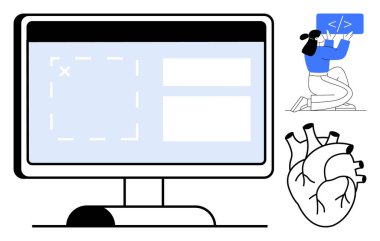 Web tasarımı düzenini gösteren monitör, programlama simgesi tutan kişi, anatomik kalp çizimi. Teknoloji yaratıcılığı, sağlık hizmetleri, yenilik, UIUX tasarımı, kodlama eğitimi, teknoloji kalbi için ideal