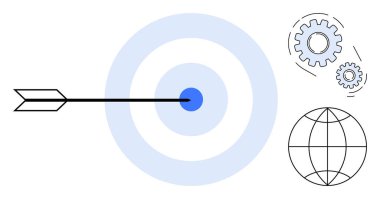 Ok, tam isabet, planlama ve dünya çapında hedefleri temsil eden vites ve küreyle hedefi vuruyor. Kavram için ideal başarı, takım çalışması, yenilik, liderlik, odaklanma stratejisi