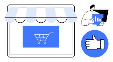 Alışveriş arabası sembollü dijital mağaza önü, analitik çizelge tutan figür, onay ikonu. E-ticaret, pazarlama, veri analizi, çevrimiçi iş, tüketici davranışı, markalaşma için ideal