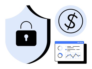 Kilitli bir kalkan, dolar simgesi ve güvenlik ve şeffaflığı vurgulayan analitik gösterge paneli. Finans, siber güvenlik, fintech, veri analizi, teknoloji, bankacılık için güvenli çözümler için ideal