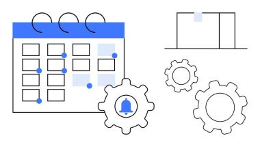 İşaretli tarihli takvim, içerideki alarm zili, belge formu ve dişli çarklar. Üretkenlik, planlama, iş akışı, otomasyon, verimlilik için ideal bir iniş sayfası