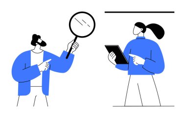 Erkek figürü büyüteçle incelerken, kadın figürü tabletteki verileri değerlendirir. Analiz için ideal, takım çalışması, teknoloji, iletişim, araştırma, iş stratejisi, basit iniş sayfası