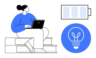 Dizüstü bilgisayar kullanan, batarya ömrü ve ampul simgeleriyle gösterilen bir kadın. Konseptler için ideal eğitim, yaratıcılık, öğrenim, çevrimiçi çalışma, enerji, yenilik, basit iniş sayfası