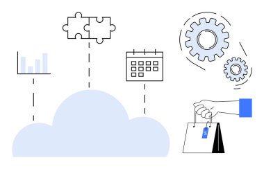 Bulut bağlantı çizelgesi, bulmaca parçaları, takvim, vites simgeleri ve alışveriş çantası. Dijital çözümler, bulut teknolojisi, e-ticaret entegrasyonu, süreç verimlilik planlama analizleri için ideal
