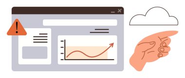 Büyüme çizelgesi ve hata uyarısı olan tarayıcı penceresi, bir bulutu işaret ediyor. Veri analizi, eğilimler, hatalar, bulut teknolojisi, iş büyümesi, analitik araçlar dijital strateji için idealdir. Basit bir daire.