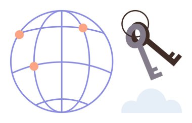 Veri noktaları olan düz tasarım küresi, güvenliği simgeleyen çapraz tuşlar ve depolamayı temsil eden bir bulut. Teknoloji, güvenlik, bağlantı, veri paylaşımı, küresel erişim, bulut depolama için ideal