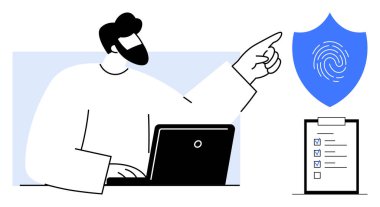 Parmak izi ikonu ve kontrol listesi olan bir kişi, kalkana doğru dizüstü hareketler yapıyor. Siber güvenlik, kimlik doğrulama, uyum, teknoloji, veri koruma, kimlik doğrulama, gizlilik için ideal