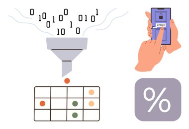 Veri şebekesine giden bir huniden geçen ikili kod, parmak iziyle kilitlenen akıllı telefon ve veri güvenliği, analiz ve yönetimi öneren yüzde işareti. Teknoloji ve veri için ideal