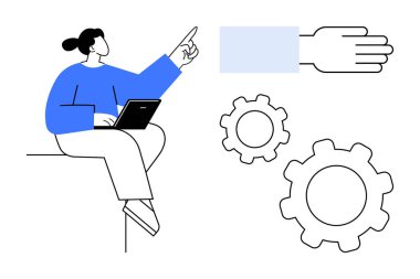 Dizüstü bilgisayar noktalarını elinde tutan kişi, takım çalışmasını, ilerlemeyi, dijital etkileşimi sembolize ediyor. Teknoloji, üretkenlik, yenilik, eğitim, yönetim stratejisi için ideal basit